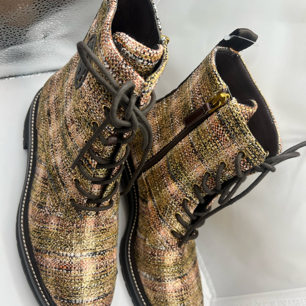 TORY BURCH MILLER 50MM LUG SOLE BOOT ROSEGOLD METALLIC TWEED BROWN LOGO - Picture 5 of 12